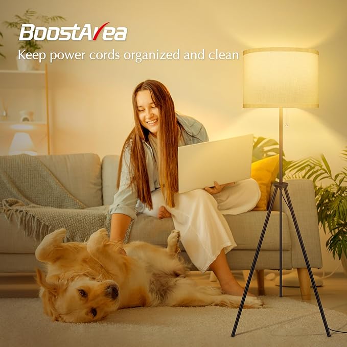 BoostArea Floor Lamp for Living Room, 59.5" Tripod Floor Lamp, White Linen Lamp Shade, Mid Century Standing Lamp for Living Room, Bedroom, Study Room and Office（Bulbs Not Included） - LeafyLoom