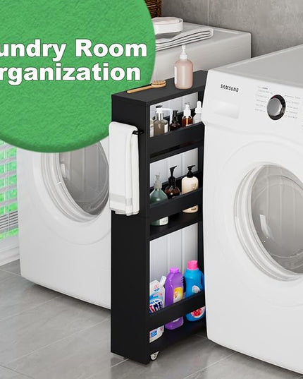 MARTY Slim Rolling Storage Cart 4-Tier Kitchen Cart on Wheels, Laundry Room Storage with Handle Slide Out Utility Cart Shelving Unit Organizer Trolley for Narrow Places Bathroom Small Corner, Black - LeafyLoom