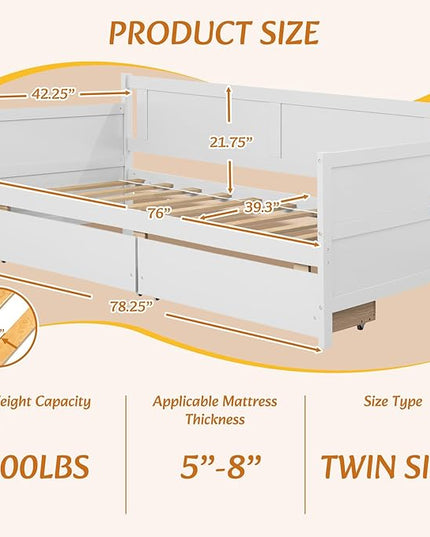 Twin Daybed with 2 Storage Drawers,Pinewood Twin Size Daybed Frame with Solid Guardrail,Dual-Use Sofa Daybed for Boys/Girls/Teens Bedroom, Easy to Assemble, No Box Spring Needed,White - LeafyLoom