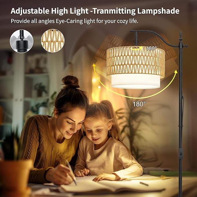 Frideko Rattan Floor Lamp with Remote Control & Dimmable LED Bulb, Boho Standing Lamp with 3 Color Temperatures, Bright Farmhouse Floor Light, Rustic Corner Floor Lamp, Tall Floor Lamp for Living Room - LeafyLoom
