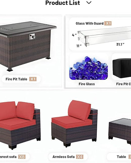 Kullavik 15PCS Outdoor Patio Furniture Set with 43" 55000BTU Gas Propane Fire Pit Table PE Wicker Rattan Sectional Sofa Patio Conversation Sets w/8 Coner Sofas,Red - LeafyLoom