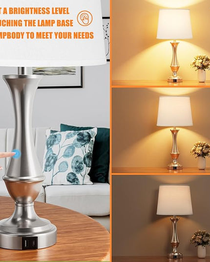 Touch Lamps for Bedrooms Set of 2 - Nightstand Table Lamp with USB C+A, 3 Way Dimmable Bedside Lamps for Living Room End Tables Set of 2, Farmhouse Night Stand Lamps(White&Nickel) - LeafyLoom