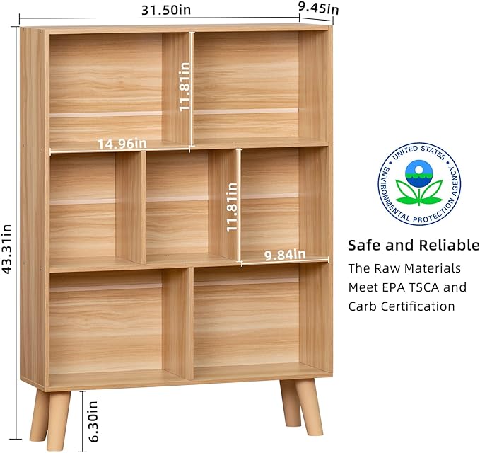 LEYAOYAO Wooden 7 Cube Book Shelf, Natural 3 Tier Bookshelf with Legs, Modern Open Storage Organizer,Boho Bookcase,Display Cabinet Shelf Free Standing Bookshelves for Bedroom,Living Room,Office - LeafyLoom