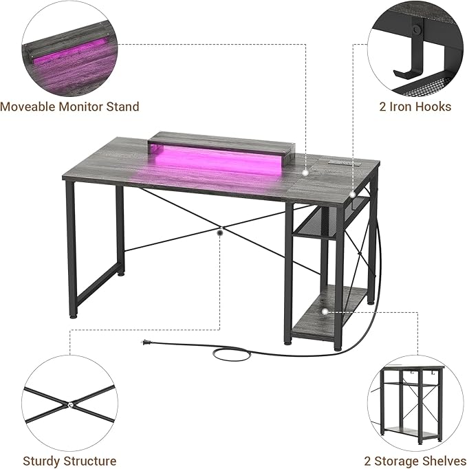 armocity Computer Desk with LED Lights, Gaming Desk with Power Outlet and USB, 40 Reversible Laptop Table with Moveable Monitor Stand, Small Desk for Small Spaces, Office, Gaming Room, Grey - LeafyLoom