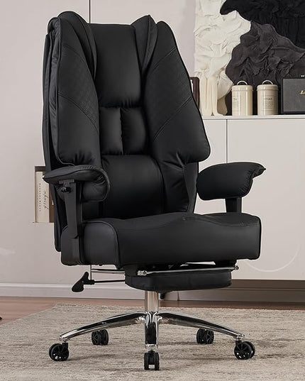 Big and Tall Office Chair 400lbs Wide Seat, Leather High Back Executive Office Chair with Foot Rest, Ergonomic Office Chair Lumbar Support for Lower Back Pain Relief (Black) - LeafyLoom