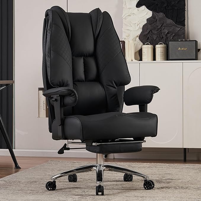 Big and Tall Office Chair 400lbs Wide Seat, Leather High Back Executive Office Chair with Foot Rest, Ergonomic Office Chair Lumbar Support for Lower Back Pain Relief (Black) - LeafyLoom