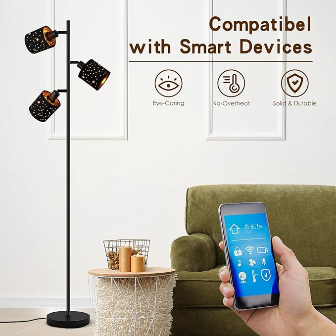 Industrial Floor Lamp, Tree Standing Lamp for Bedroom with Adjustable 3-Lights, 4W E12 LED Bulbs, Modern Stand Up Lamp, Metal Tall Rustic Pole Lamp, Vintage Farmhouse Floor Lamp for Living Room, Black - LeafyLoom