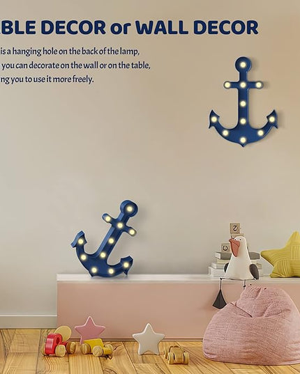 Blue Anchor Decor, Beach Themed Kids Room Decor, Battery Powered Night Light for Kids, Coastal Wall Decor, Ocean Decor, Coastal Decor, Dautical Decor - LeafyLoom