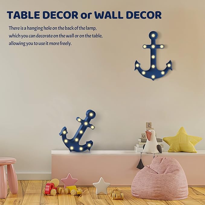 Blue Anchor Decor, Beach Themed Kids Room Decor, Battery Powered Night Light for Kids, Coastal Wall Decor, Ocean Decor, Coastal Decor, Dautical Decor - LeafyLoom