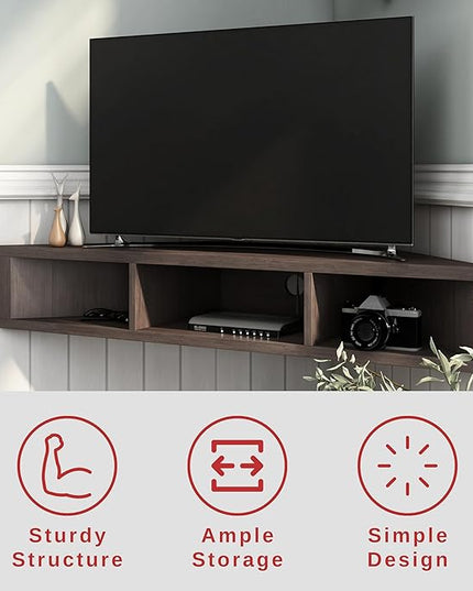 24/7 Shop at Home French 47 inch Modern TV Stand with Storage, Floating Corner Shelf for Wall, Wood Entertainment Center with Shelves for Living Room, Bedroom, Family, OneSize, Walnut Brown - LeafyLoom