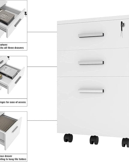 Lazio 26 Inch File Cabinet with Lock - Filing Cabinet for Home and Office - 3 Drawer File Cabinet with Wheels for A4 Sized Letters/Documents, Legal Sized Documents, Hanging File Folders - White/White - LeafyLoom