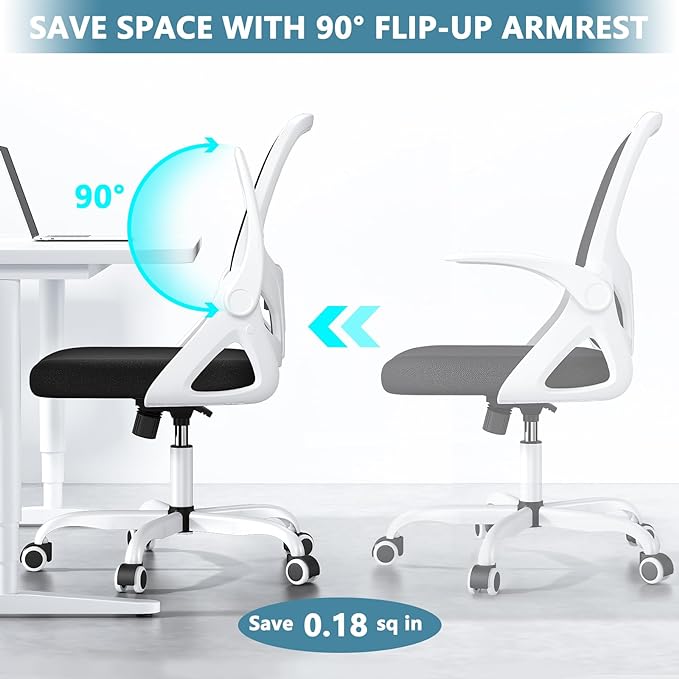 Office Desk Chair with Lumbar Support Ergonomic Mesh Office Chair with Wheels and Flip-up Armrests Adjustable Height Swivel Computer Chair for Home and Office (White) - LeafyLoom