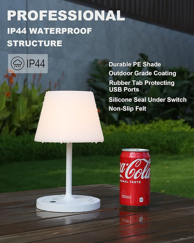 Outdoor Battery Operated Table Lamp Waterproof, 4000mAh Cordless Table Lamp Rechargeable, Touch Dimmable Desk Lamp, LED Night Light for Patio Camping Restaurant Home, H9.6in, White - LeafyLoom