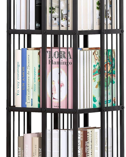 Rotating Bookcase Black 3 Tiers Metal Bookshelf, 360°Cubic Large Capacity for Small Space with Storage and Creative Multi-Layer Shelves,Magazine&Books for Bedroom Living Room Study and Office - LeafyLoom