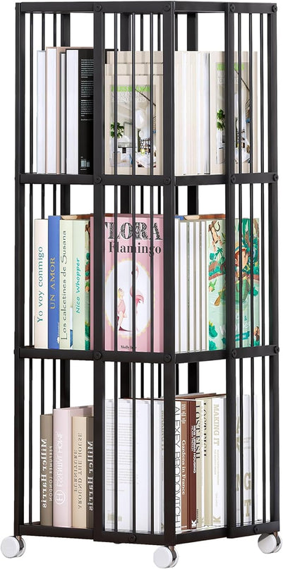 Rotating Bookcase Black 3 Tiers Metal Bookshelf, 360°Cubic Large Capacity for Small Space with Storage and Creative Multi-Layer Shelves,Magazine&Books for Bedroom Living Room Study and Office - LeafyLoom