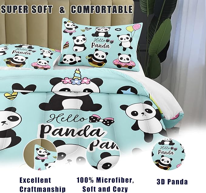 Bodhi Cartoon Cute Panda Comforter Set Queen for Boys Girls Kids Teens Soft Microfiber Animal Theme Panda Bedding Set Queen Size 3D Panda Comforter Set 1 Comforter+2 Pillow Shams #4007 - LeafyLoom