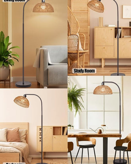 Boho Floor Lamp with Remote- Bronze Floor Lamps with Stepless Dimmable Bulb, Remote Control, Hand-Worked Adjustable Rattan Lamp Shades, Brown Rattan Standing Lamp for Living Room, Bedroom, Office - LeafyLoom