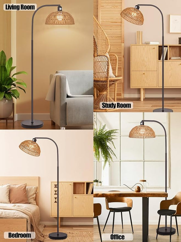 Boho Floor Lamp with Remote- Bronze Floor Lamps with Stepless Dimmable Bulb, Remote Control, Hand-Worked Adjustable Rattan Lamp Shades, Brown Rattan Standing Lamp for Living Room, Bedroom, Office - LeafyLoom