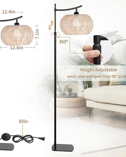 Arc Boho Farmhouse Black Floor Lamp, Standing Lamp with Rattan & Fabric Double Shade with Remote Control, Dimmable LED Bulb with 9 Color Temperature, Tall Pole for Living Room Bedroom Corner Office - LeafyLoom