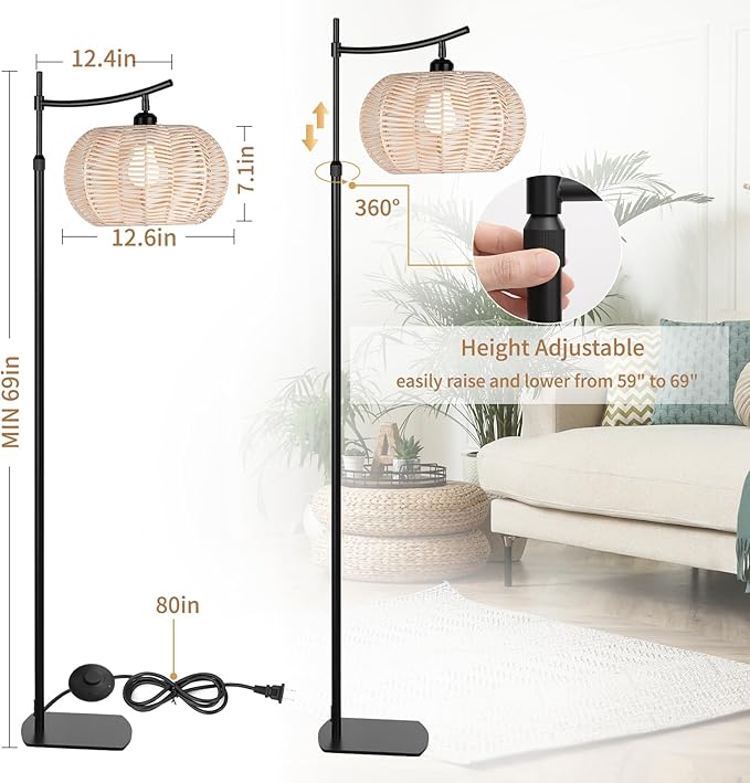 Arc Boho Farmhouse Black Floor Lamp, Standing Lamp with Rattan & Fabric Double Shade with Remote Control, Dimmable LED Bulb with 9 Color Temperature, Tall Pole for Living Room Bedroom Corner Office - LeafyLoom