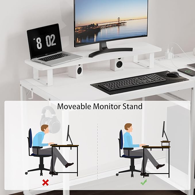 White Computer Desk with Drawer and Power Outlets, 47" Office Desk with Monitor Stand and Sheleves,Writing Study Gaming Desks with Led Light and Headphone Hook for Bedroom - LeafyLoom