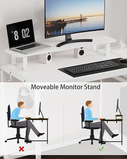 White Computer Desk with Drawer and Power Outlets, 55" Office Desk with Monitor Stand and Sheleves,Writing Study Gaming Desks with Led Light and Headphone Hook for Bedroom - LeafyLoom