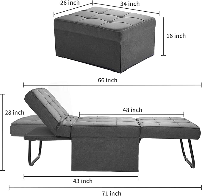 Sofa Bed,4 in 1 Multi Function Folding Ottoman Sleeper Bed,Modern Convertible Chair Adjustable Backrest Couch for Living Room Small Room Apartment,Light Grey - LeafyLoom