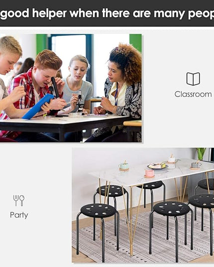 Hysache Plastic Stackable Stools Set of 6, 17.5" Multipurpose Stool Chairs w/Metal Frame, X-Shape Connection, Non-Slip Feet, Backless School Classroom Nesting Stool for Students Child Kids (Black) - LeafyLoom