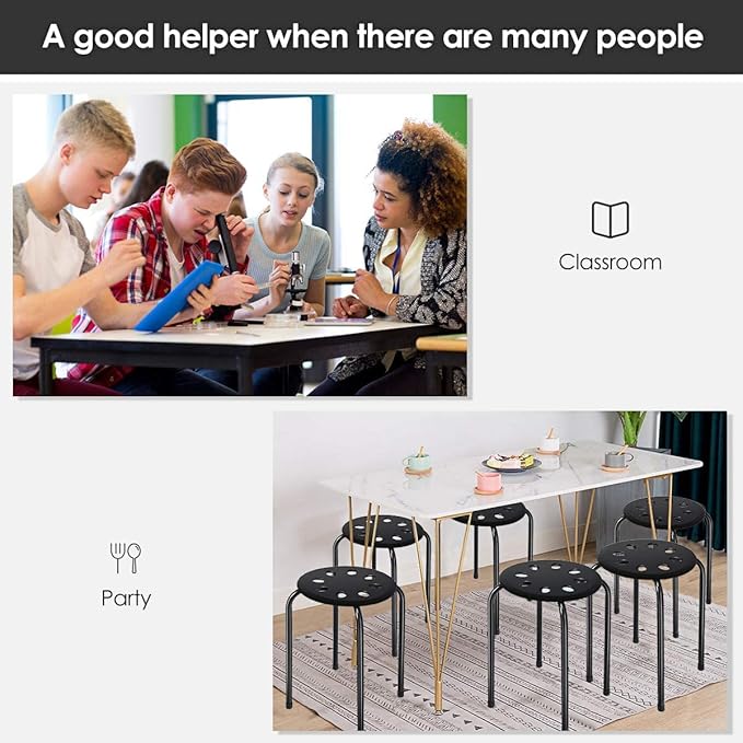 Hysache Plastic Stackable Stools Set of 6, 17.5" Multipurpose Stool Chairs w/Metal Frame, X-Shape Connection, Non-Slip Feet, Backless School Classroom Nesting Stool for Students Child Kids (Black) - LeafyLoom
