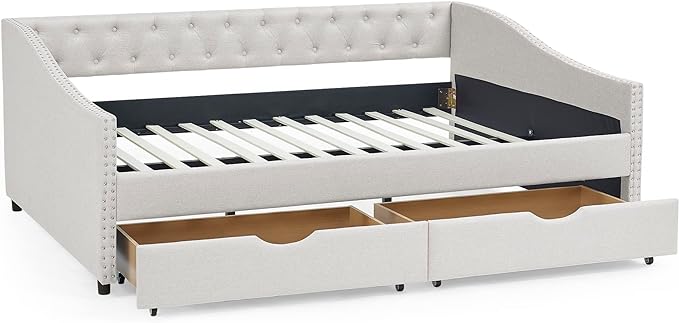 Full Size Daybed with Two Drawers, Upholstered Tufted Sofa Bed, with Nailhead Trim,with Button on Back,for Bedroom,Livingroom, Small Space,Beige (80.5''x55.5''x27.5'') - LeafyLoom