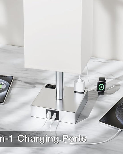 Touch Bedside Table Lamp For Nightstand - 3-Way Dimmable Night Lamp with USB A + Type C Charging Ports and two AC Outlets, Small Desk Light with E26 LED Bulb for Bedroom Living Room Dorm Office,WHITE - LeafyLoom