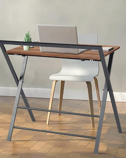 Folding Desk, Foldable Table Space Saving Computer Sturdy Writing Table Workstation for Home Office with Metal Frames/Wood Top Laptop, No Assembly Required, Brown - LeafyLoom