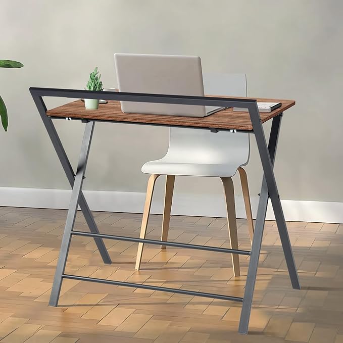 Folding Desk, Foldable Table Space Saving Computer Sturdy Writing Table Workstation for Home Office with Metal Frames/Wood Top Laptop, No Assembly Required, Brown - LeafyLoom
