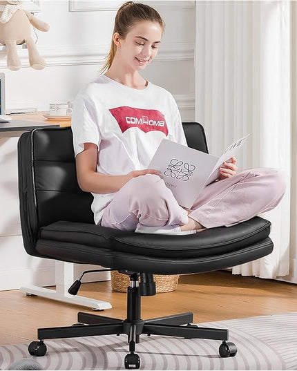 COMHOMA Criss Cross Chair with Wheels, Armless Wide Cross Legged Office Chair Mid Back, Modern Home Office Desk Chair Swivel Adjustable Vanity Computer Chair, Black - LeafyLoom