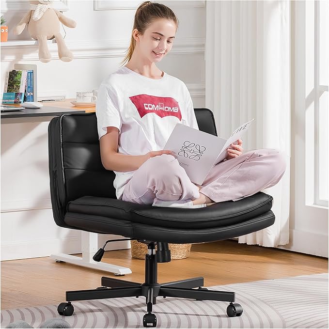 COMHOMA Criss Cross Chair with Wheels, Armless Wide Cross Legged Office Chair Mid Back, Modern Home Office Desk Chair Swivel Adjustable Vanity Computer Chair, Black - LeafyLoom