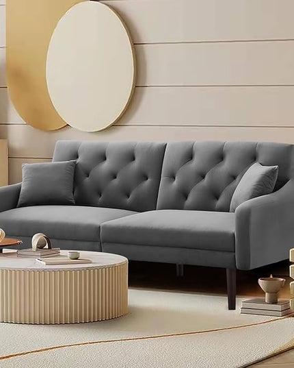 Mid-Century Modern Tufted Loveseat Sofa Living Room Furniture Sets with Adjusting Backrest & 2 Pillows Small Comfy Couch for Bedroom Apartment, Home Office Sofá, Gray-4 - LeafyLoom