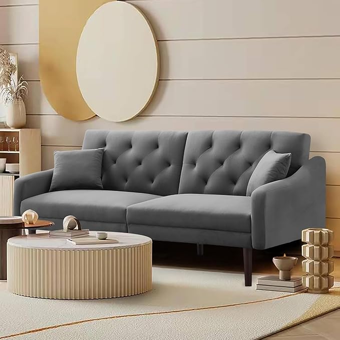 Mid-Century Modern Tufted Loveseat Sofa Living Room Furniture Sets with Adjusting Backrest & 2 Pillows Small Comfy Couch for Bedroom Apartment, Home Office Sofá, Gray-4 - LeafyLoom
