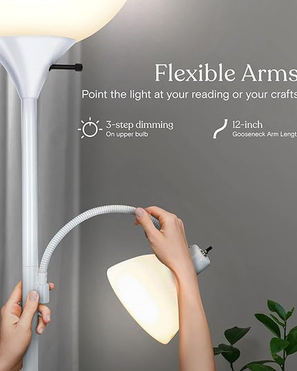 Brightech Sky Dome Double – High Brightness Torchiere Floor Lamp with 2 Reading Lights for Living Rooms, Bedrooms – Replace Halogen Standing Lamps with Efficient LED Office Lighting - Tall White Pole - LeafyLoom