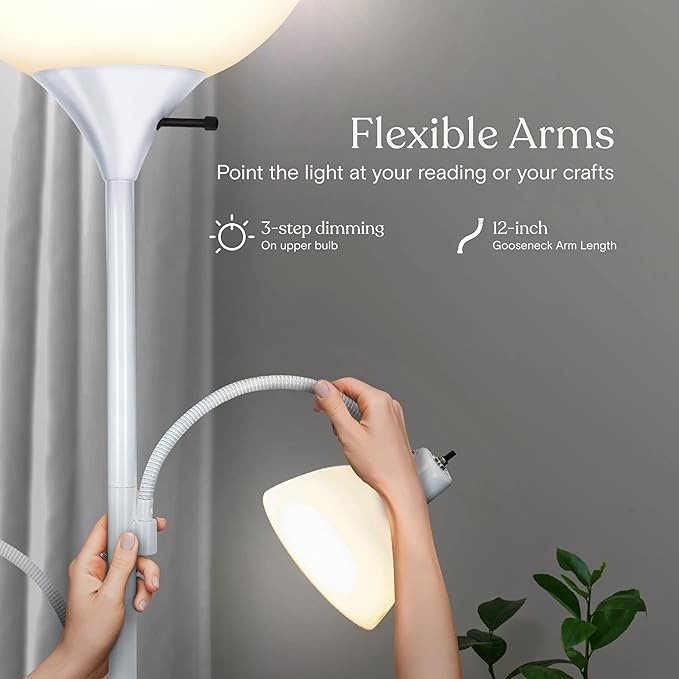 Brightech Sky Dome Double – High Brightness Torchiere Floor Lamp with 2 Reading Lights for Living Rooms, Bedrooms – Replace Halogen Standing Lamps with Efficient LED Office Lighting - Tall White Pole - LeafyLoom