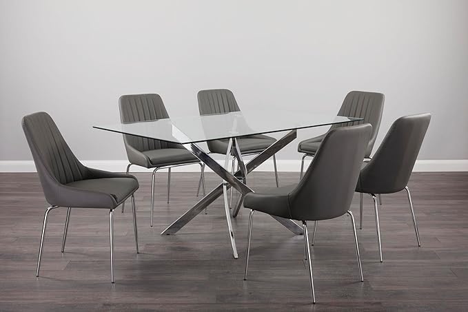 Uptown Club Glass Dining Table with Versatile Rectangular Designs, Tempered Surfaces, and Sturdy Bases for Modern Homes, Seats 4 to 8 People, Elegant Statement Piece, 63" x 36" Silver - LeafyLoom