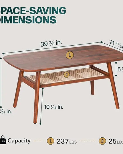 Bme Nancy Solid Acacia Wood Coffee Table for Living Room, Spacious Oval-Shaped 237 Lbs Top Capacity, Rattan Shelf below, Mid Century, Rustic and Modern Style Living Room Furniture, Dark Chocolate - LeafyLoom