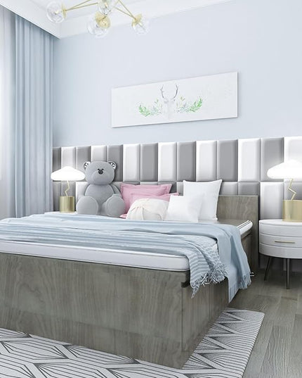 Peel and Stick Headboard Grey Upholstered Wall Panels, 10 Panels Sized 7.8" x 15.7", 3D Anti-Collision Soundproof Self-Adhesive Wall Panel for Bedroom，Living Room - LeafyLoom