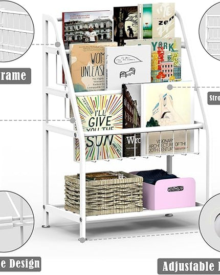 Kids Bookshelf Freestanding for Children Room 18 Inches Small White Metal Bookcase Large Capacity Books Toys Organizer Stable 5 Tiers Kids Book Rack for Playroom Bookstore Library - LeafyLoom
