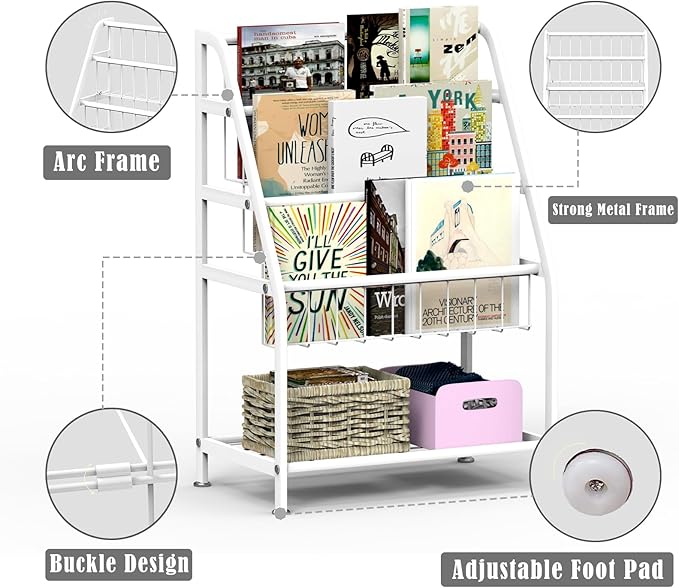 Kids Bookshelf Freestanding for Children Room 18 Inches Small White Metal Bookcase Large Capacity Books Toys Organizer Stable 5 Tiers Kids Book Rack for Playroom Bookstore Library - LeafyLoom
