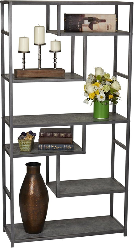 Household Essentials 8090-1 Tall Open Bookcase | Geometric Storage Shelves | Faux Slate Concrete - LeafyLoom