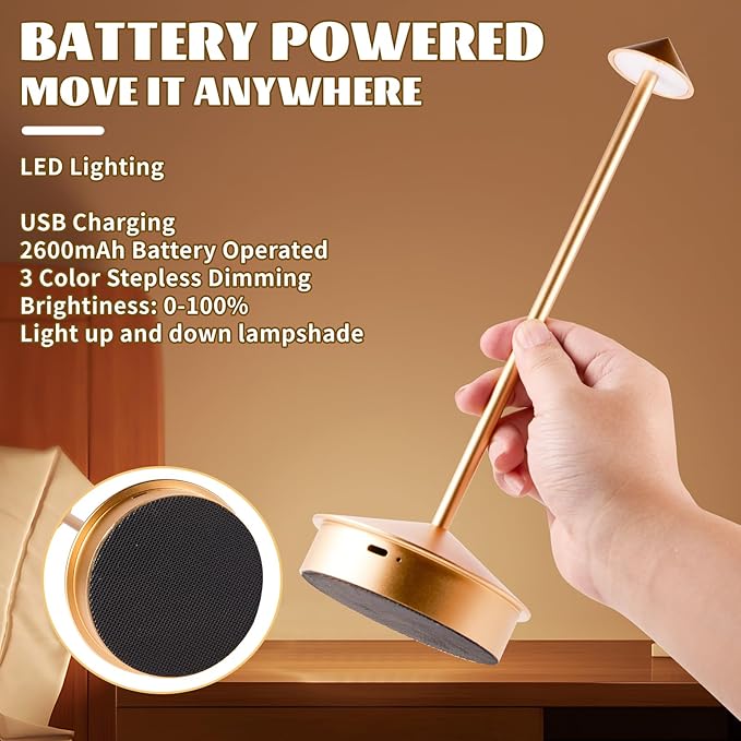 Rechargeable Battery Operated Desk Lamp with Touch Sensor Cordless Portable LED Table Lamp， Three-Level Dimmable Suitable for Bars/Cafes/Restaurants/Bedrooms/Camping Sites (Rose Gold) - LeafyLoom