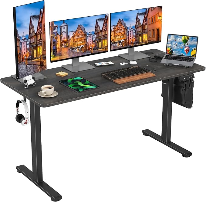 STARY Electric Adjustable Height Sit Stand Home Office Desk with Splice Board, 55x24, Abner Walnut Desktop/Black Frame - LeafyLoom