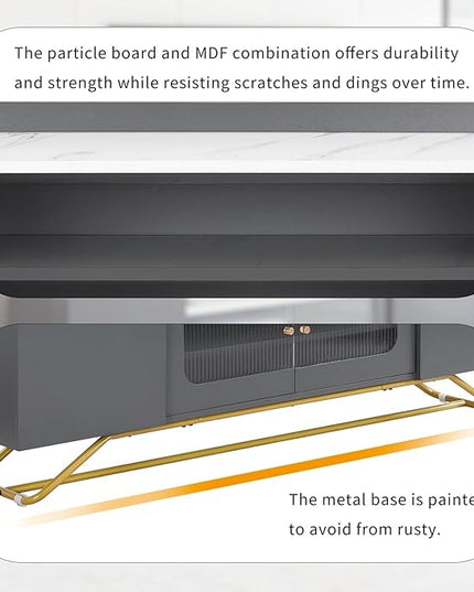 LUSAPZ Sleek Design TV Stand,Modern TV Stand with Fluted Glass,for TVs Up to 70 Inch,Faux Marble Top TV Console Table with Gold Frame Base,Ideal for Living Room (Gery) - LeafyLoom