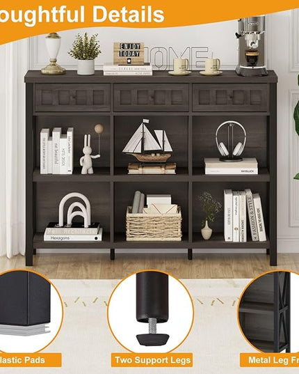FATORRI Rustic 6 Cube Storage Organizer Shelf with 3 Drawers, Long Horizontal Bookshelf, Industrial Wood and Metal Cubby Bookcase (Walnut Brown, 47 Inch) - LeafyLoom