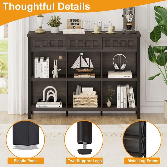 FATORRI Rustic 6 Cube Storage Organizer Shelf with 3 Drawers, Long Horizontal Bookshelf, Industrial Wood and Metal Cubby Bookcase (Walnut Brown, 47 Inch) - LeafyLoom